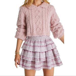 Love Shack Fancy Brynlee metallic tiered mini skirt Caribbean pink ruffles